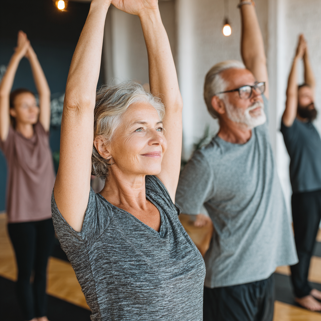 Middle-aged adults practicing gentle fitness exercises in a bright, welcoming studio environment