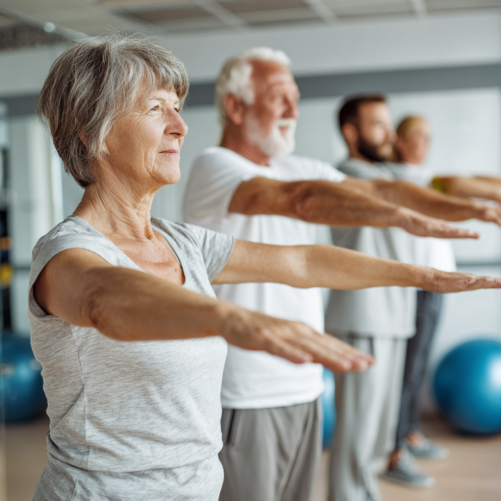 Older adults demonstrating proper form during supervised exercise session with professional guidance